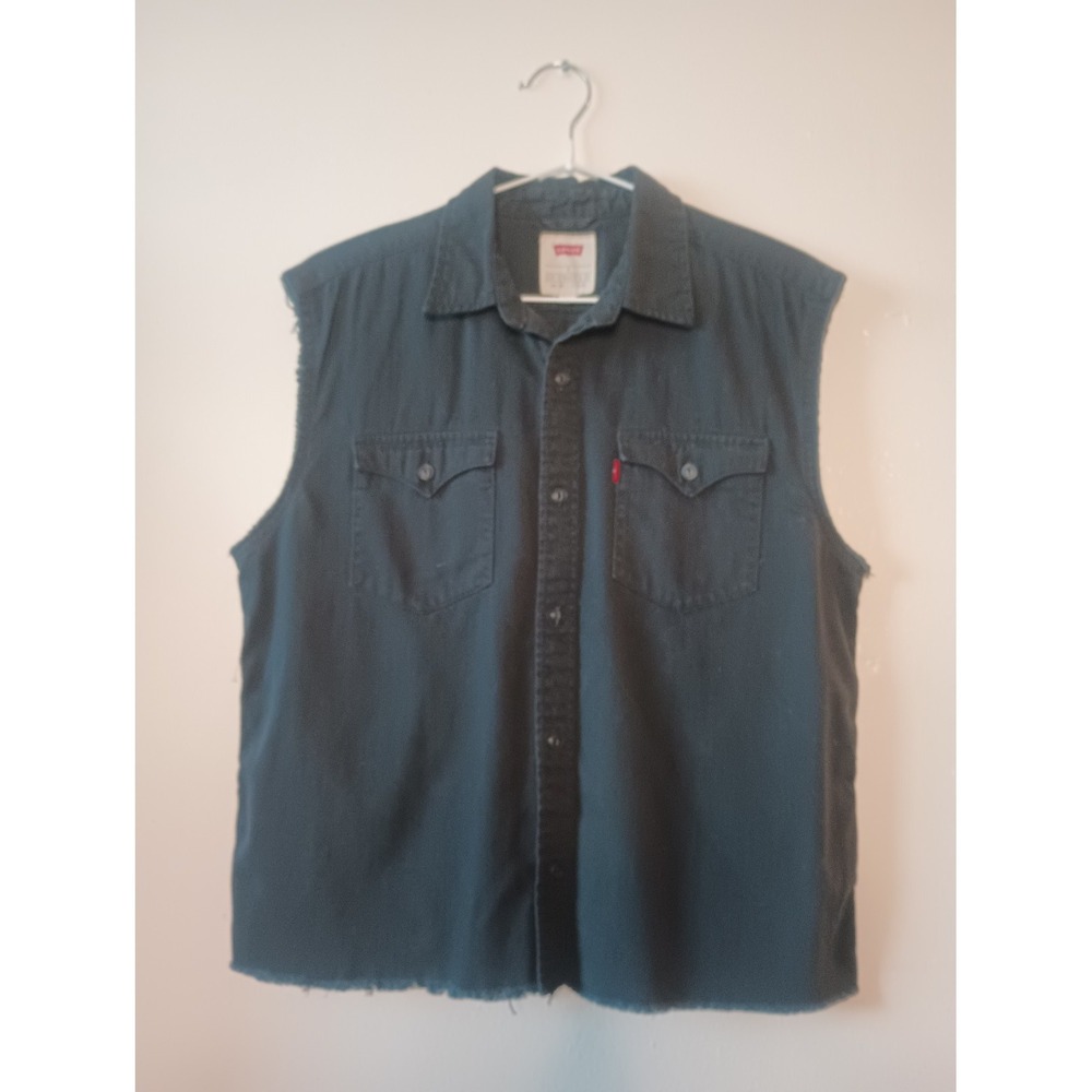 Levi's Sleeveless Denim Button Down Collared Vest Mens S Frayed Hem/Seam Grunge
